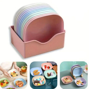 Kit com 10 Pratos Reutilizáveis + Suporte – Praticidade, Cores e Organização para Todas as Refeições!